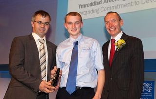 Left to Right: Paul Evans, Lecturer at Coleg Sir Gâr, with Cliff Williams and John Griffiths, Deputy Minister for Skills